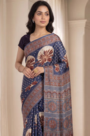 Storm Blue Ajrakh Printed Mulmul Cotton Saree With Floral Border 10076527