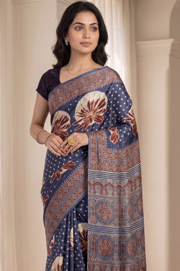 Storm Blue Ajrakh Printed Mulmul Cotton Saree With Floral Border 10076527