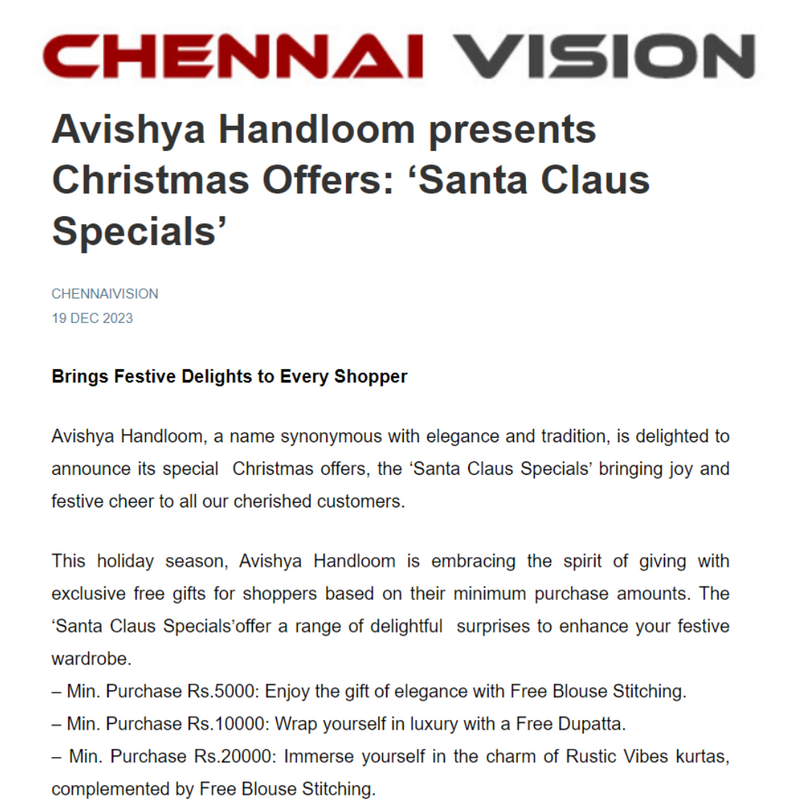 Chennai Vision features about Avishya's Christmas Offers!