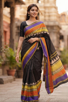 Black Kanjivaram Pure Silk Saree With Temple Mega Border 10077911