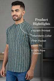 Ajrakh Cotton Men's Short Kurta With Slim-Fit Design & Front Pocket 10076892