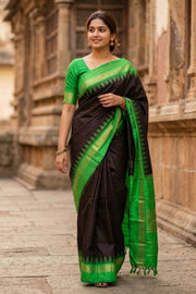 Brown Korvai Kanjivaram Pure Silk Saree with Temple Border 10077908