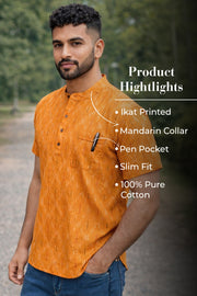 Ikat Cotton Men's Short Kurta With Slim-Fit Design & Front Pocket 10076949