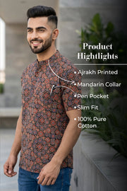 Ajrakh Cotton Men's Kurta With Slim-Fit Design & Front Pocket 10076893