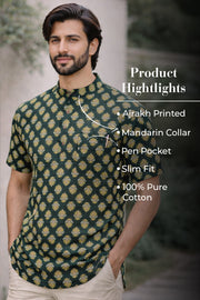 Ajrakh Cotton Men's Short Kurta With Slim-Fit Design & Front Pocket 10076897