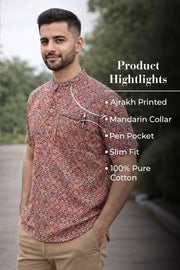 Ajrakh Cotton Men's Short Kurta With Slim-Fit Design & Front Pocket 10076895