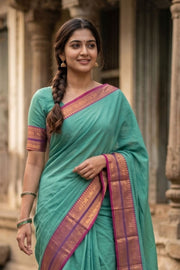Teal Blue Handloom Chettinad Cotton Saree 10077350