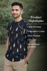 Ikat Cotton Men's Short Kurta With Slim-Fit Design & Front Pocket 10076947