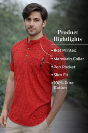 Ikat Cotton Men's Short Kurta With Slim-Fit Design & Front Pocket 10076950
