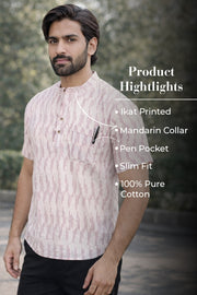 Ikat Cotton Men's Short Kurta With Slim-Fit Design & Front Pocket 10076946