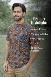 Ajrakh Cotton Men's Short Kurta With Slim-Fit Design & Front Pocket 10076894