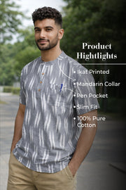 Ikat Cotton Men's Short Kurta With Slim-Fit Design & Front Pocket 10076951