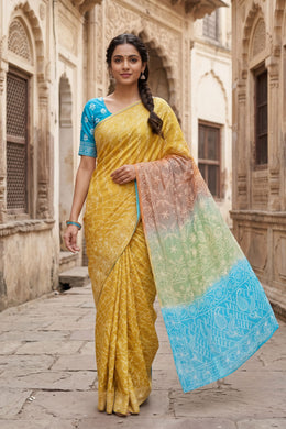 Mustard Yellow Chikankari Embroided Organza Saree 10078117