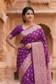 Violet Handloom Banarasi Chiniya Silk Saree 10065486