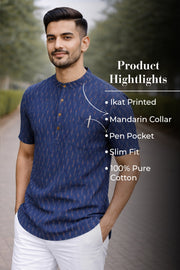 Ikat Cotton Men's Short Kurta With Front Pocket 10076953