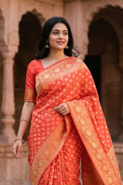 Sunburst Red Handloom Banarasi Dupion Silk Saree With Floral Border 10076558