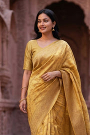 Moonlight Cream Handloom Banarasi Dupion Silk Saree With Floral Border 10076557