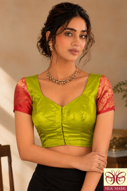 Honey Olive Green Kanjivaram Silk Blouse With Contrast Saffron Brick Red Border 10076636