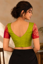 Honey Olive Green Kanjivaram Silk Blouse With Contrast Saffron Brick Red Border 10076636