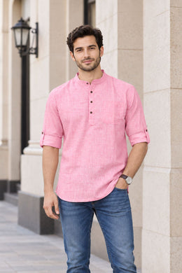 Pink Full Sleeve Slub Cotton Shirt Length Men's Kurta 10077837