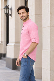 Pink Full Sleeve Slub Cotton Shirt Length Men's Kurta 10077837