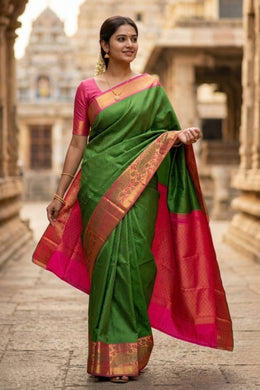 Green Kanjivaram Pure Silk Saree With Peacock Border 10077918
