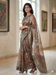 Blue Floral Printed Tissue Organza Saree 10067334