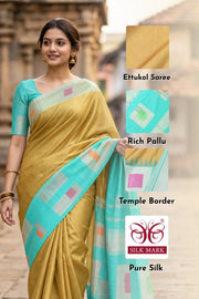 Warm Yellow Ettukol Kanjivaram Silk Saree with Contrast Border 10077907
