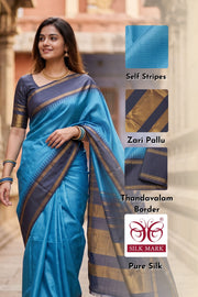 Blue Korvai Kanjivaram Silk Saree with Thandavalam Border 10077924