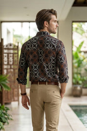 Black Full Sleeve Ajrakh Printed Cotton Mens Shirt 10076865