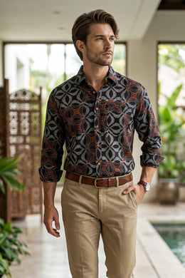 Black Full Sleeve Ajrakh Printed Cotton Mens Shirt 10076865