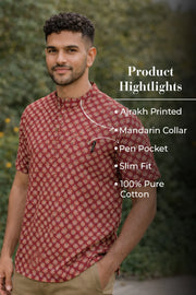 Red Ajrakh Cotton Men's Short Kurta With Front Pocket 10077154