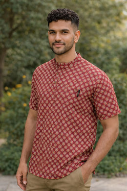 Red Ajrakh Cotton Men's Short Kurta With Front Pocket 10077154