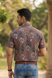 Brown Half Sleeve Ajrakh Printed Cotton Mens Shirt 10073049