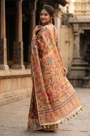 Dark Brown Printed Semi Tussar Silk Saree 10077252