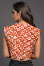Orange Hand Block Printed Cotton Blouse 10073325