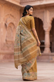 Beige Printed Semi Tussar Silk Saree 10077986
