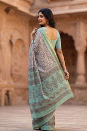 Green Printed Semi Linen Saree 10077980