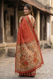 Red Bandhani Print Semi Linen Saree 10077257