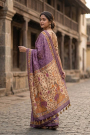 Purple Bandhani Print Semi Linen Saree 10077259