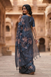 Blue Printed Semi Tussar Silk Saree 10077989