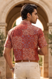 Red Half Sleeve Ajrakh Printed Cotton Mens Shirt 10073060