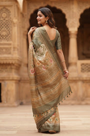 Olive Green Printed Semi Tussar Silk Saree 10077985