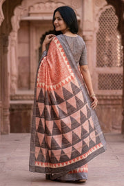 Red Printed Semi Linen Saree with 10077981