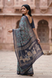 Green Printed Semi Linen Saree 10077982