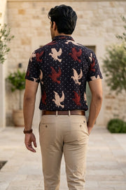 Black Half Sleeve Ajrakh Printed Cotton Mens Shirt 10076822