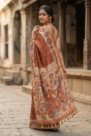 Copper Brown Kalamkari Print Semi Tussar Silk Saree 10077260