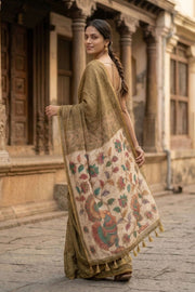 Green Kalamkari Printed Semi linen Saree 10077246