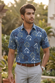 Blue Half Sleeve Ajrakh Printed Cotton Mens Shirt 10073052