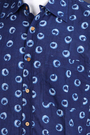 Dark Blue Indigo Handblock Print Cotton Mens Half Sleeve Shirt 10076839